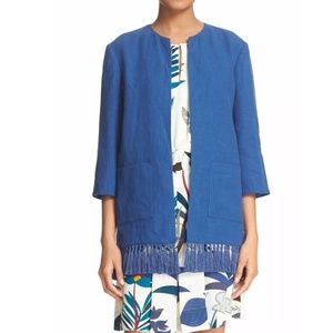 Tory Burch Emily Blue Fringe Trim Linen Blend Open Front Jacket NWT size 12